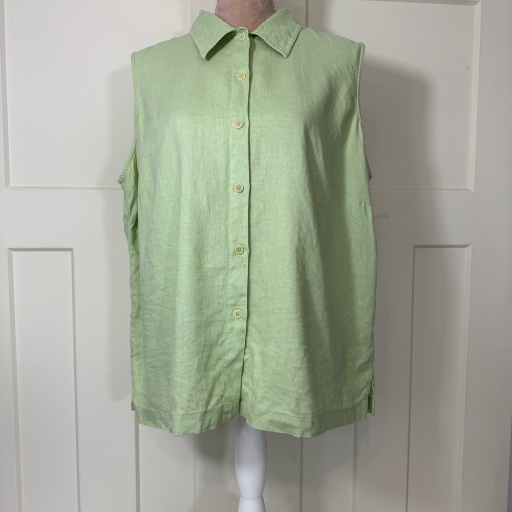 Jones New York women's 16W Sleeveless Green Linen Shirt‎ Button Up Fresh Crisp